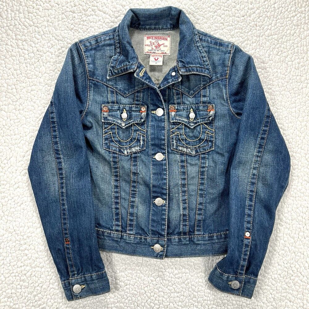 True Religion Denim Trucker Jacket Jimmy Women's Medium Distressed Y2K - Picture 1 of 14